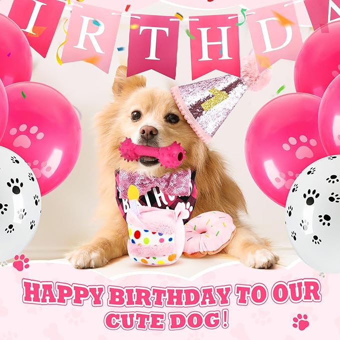 23 Pcs Dog Birthday Party Supplies Set Birthday Toys Cake Teething Squeak Interactive Decorations with Box for Puppy Small Medium Dog(Pink)