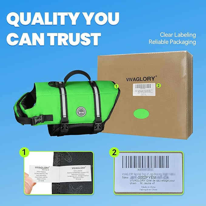 VIVAGLORY Rip Stop Dog Life Vest, Swimming Vest with Handle, Buoyancy for Doggy Puppy, Dog Life Jacket for Swimming & Boating, XS, Bright Green