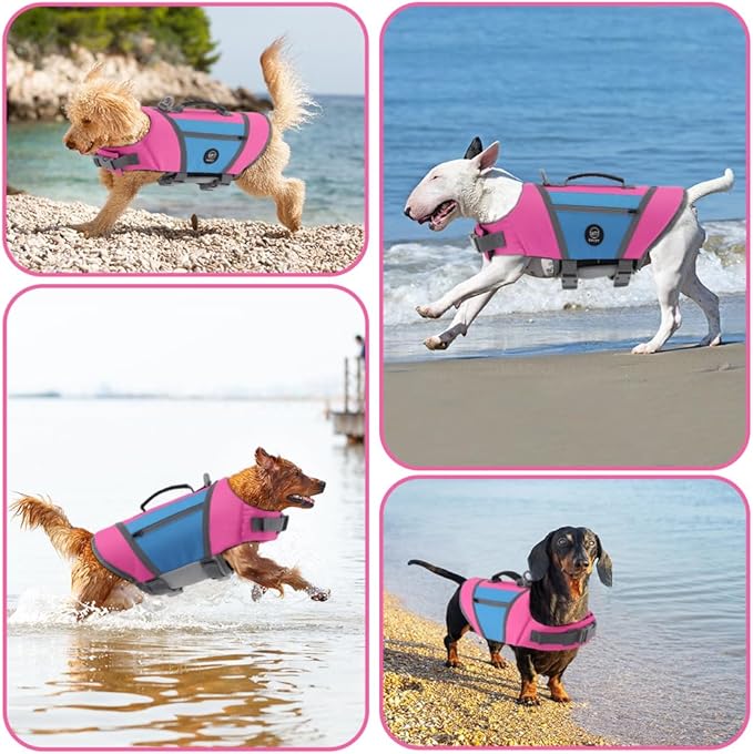 EMUST Dog Life Vests for Boating, Water-Resistant Dog Swimming Vest with Rescue Handle, Comfortable Fit Pet Life Jacket Medium with D-Ring for Rafting, Surfing, Canoeing, Pink&Blue, M