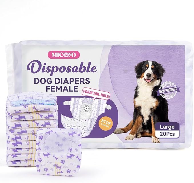 MICOOYO Disposable Dog Diapers Female, Doggie Diapers for Dogs Female, Super Absorbent Pet Diaper with Foam Tail Hole for Heat, Comfortable Puppy Diaper (Large, 40Count)