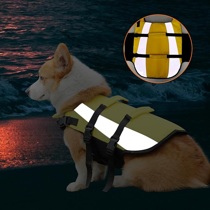 Amazon Basics Dog Adjustable Life Jacket with Reflective Stripes, Yellow, Medium