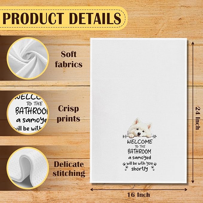 Funny Samoyed Dog Bathroom Hand Towels, Samoyed Dog Lover Gifts, Welcome to The Bathroom Decorative Hand Towels for Bath Room Toilet Washroom Restroom, 16x24 Inch