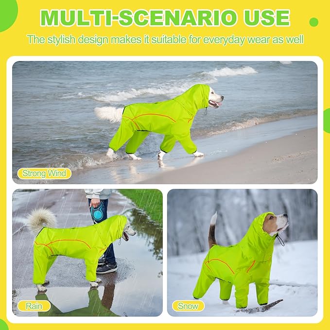 Dog Raincoat, Waterproof Dog Rain Jacket with Removable Hood,Adjustable 4 Legs Pet Poncho with Leash Hole,Reflective Stripe Hooded Snowproof Windproof Clothes for Small to 3X-Large Dogs, XL