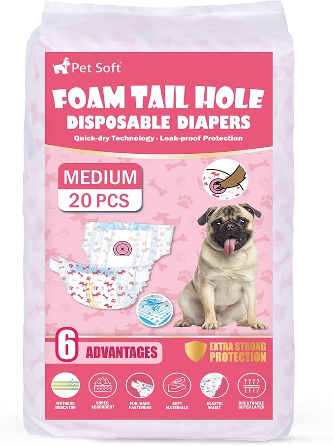 Pet Soft Disposable Dog Diapers - Female Dog Diapers with Adjustable Foam Tail Hole, Ultra Protection Puppy & Cat Diapers Wetness Indicator for Dogs in Heat or Incontinence, 20pcs (M,Red)