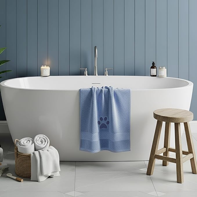 2 Pcs Dog Paw Hand Towels Blue Bathroom Decor 13 x 29 Inch 100% Cotton Embroidered Hand Towels Soft Absorbent Farmhouse for Kitchen Restroom