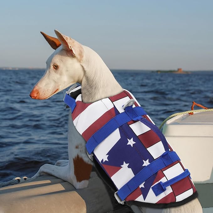 EMUST Life Jackets for Dogs, Superior Buoyancy Large Dog Swim Vest for Water, Pet Life Vest with Enhanced Rescue Handle for Swimming Pool Beach Boating, Flagstar, XL