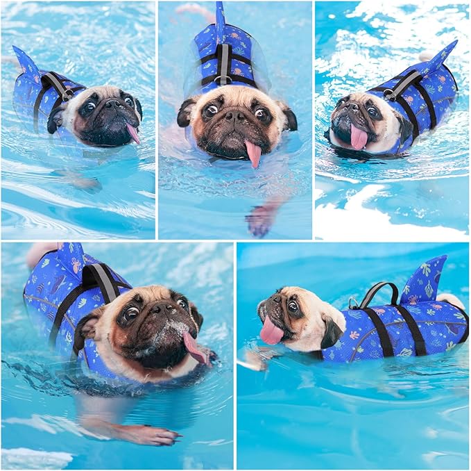 Queenmore Medium Dog Life Jacket, Dog Life Vest for Swimming with Shark Fin, Ripstop Dog Lifevests for Boating with Handle/Leash Hook, Pet Safety Water Vest for French Bulldogs Dachshunds (Prints,M)