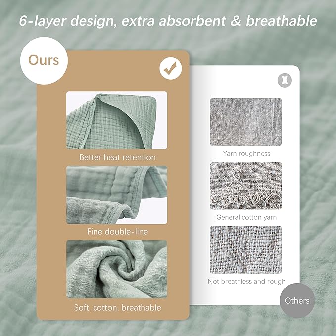 SWEET DOLPHIN Muslin Hooded Baby Bath Towels - 2 Pack 100% Cotton Towel for Babies, Infants, Toddlers - 32x32Inch - Highly Absorbent and Newborn Essential, Green and Grey