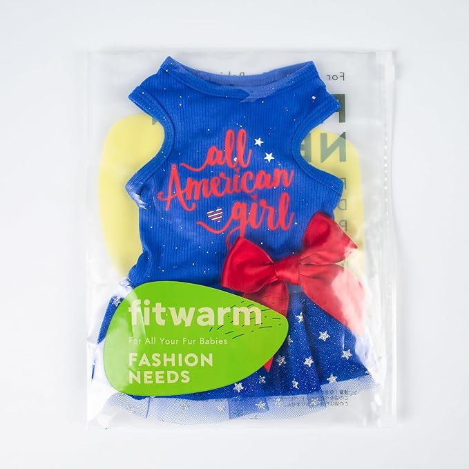 Fitwarm All American Girl Dog Dress - Patriotic Tulle Dress for Small Dogs, Royal Blue, Red, White, XXS