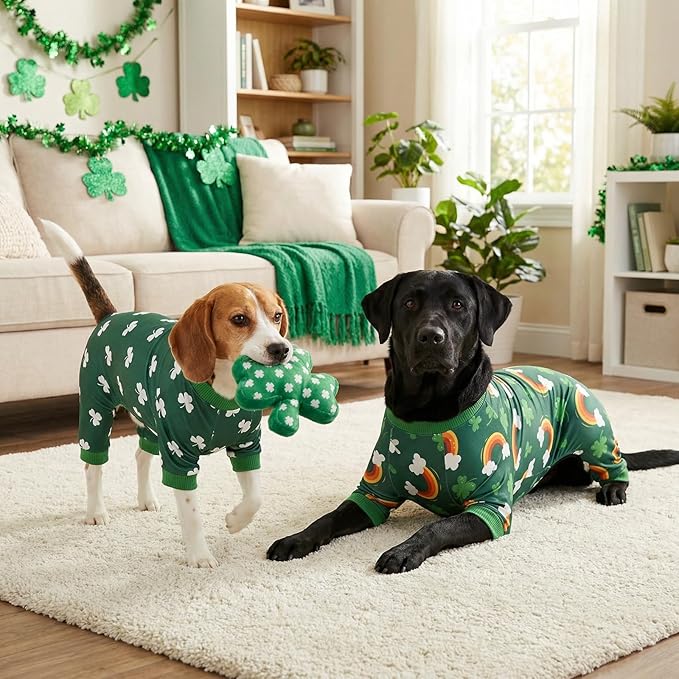 Vehomy 2-Pack St.Patrick's Day Dog Pajamas Clover Rainbow Pet Jumpsuits Puppy Pjs Lucky Shamrock Dog Onesie St Patricks Dog Jammies Costume Outfit Clothes for Small Medium Large Dogs S