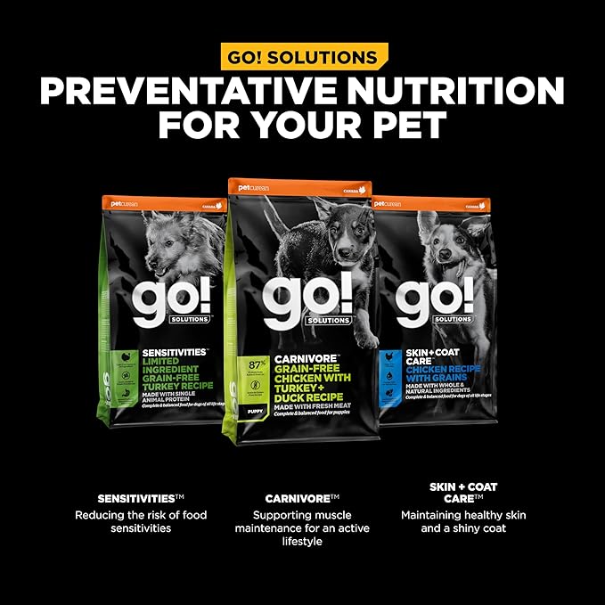 Go! Solutions Carnivore Chicken, Turkey + Duck Grain-Free Dry Puppy Food, Our Highest-Protein Kibble Made with Real Meat & Fish, Pumpkin & Probiotics for Good Digestion, 22 lb Bag