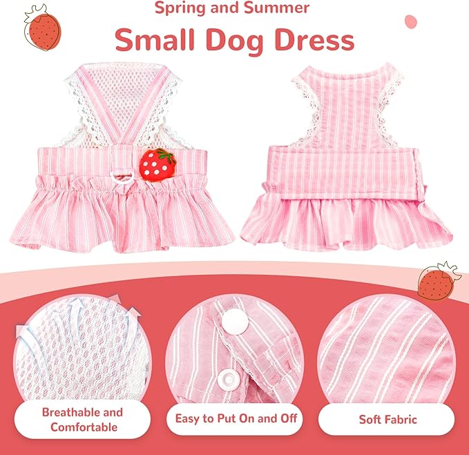 Cute Strawberry Small Dog Dress with D-Ring Princess Lace Girl Female Dog Clothes Spring Summer Breathable Mesh Pet Puppy Cats Harness Dress for Shih Tzu Yorkies Chihuahua Maltese(Pink,Large)