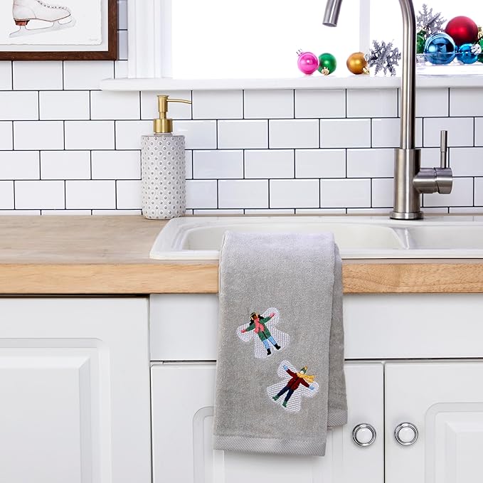 SKL Home Christmas/Winter Snow Angels Hand Towel 2pc Set for Bath/Kitchen/Bar & Gift, Gray