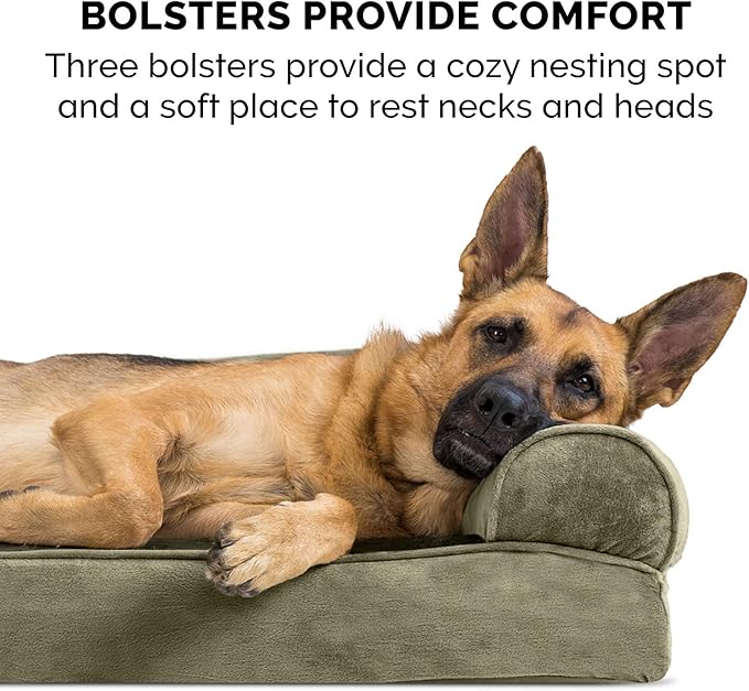 Furhaven Memory Foam Dog Bed for Medium/Small Dogs w/ Removable Bolsters & Washable Cover, For Dogs Up to 35 lbs - Faux Fur & Velvet Sofa - Dark Sage, Medium