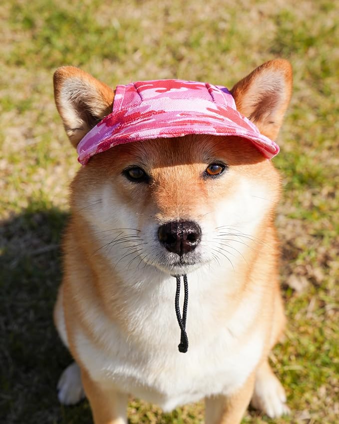 PET SHOW Dog Baseball Cap Camouflage Dog Visors for Small Doggy Cats Summer Waterproof Pet Sun Hats with Ear Holes Adjustable Drawstring Girl Puppy Hat -Pink/XXS