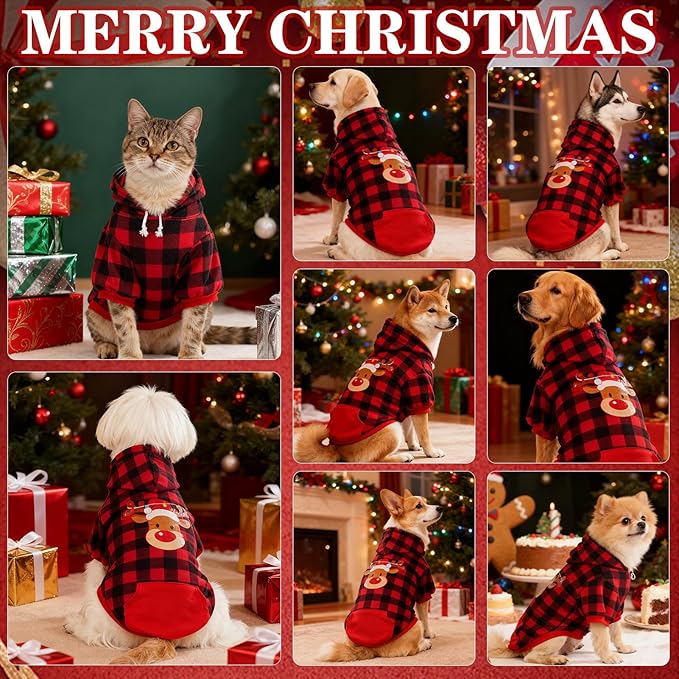 EXPAWLORER Plaid Dog Hoodie - British Style Warm Dog Sweater Shirt with Leash Hole,Pitbull Clothes Outfits,Winter Coat Apparel for All Breeds Puppy Girl Boy-Cat Apparel,Christmas Buffalo Check Small