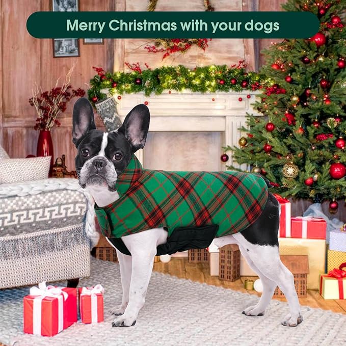 Kuoser Warm Dog Coat, Waterproof Dog Coats for X-Small Dogs, Adjustable Durable Doggie Winter Jacket Reversible Cozy Puppy Cold Weather Apparel from Small to Large Breed, Christmas Green XS