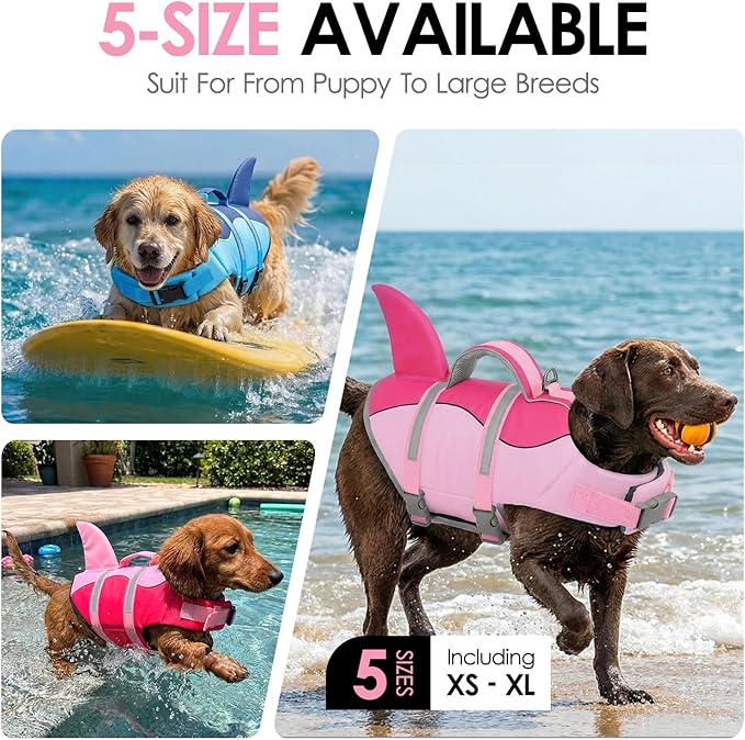 AOFITEE Dog Life Jacket, Dog Life Vest for Swimming, Reflective Puppy Safety Vest with Superior Buoyancy and Rescue Handle, Adjustable Dogs Swimsuit Float Coat for Small Dogs, Pink Shark XS