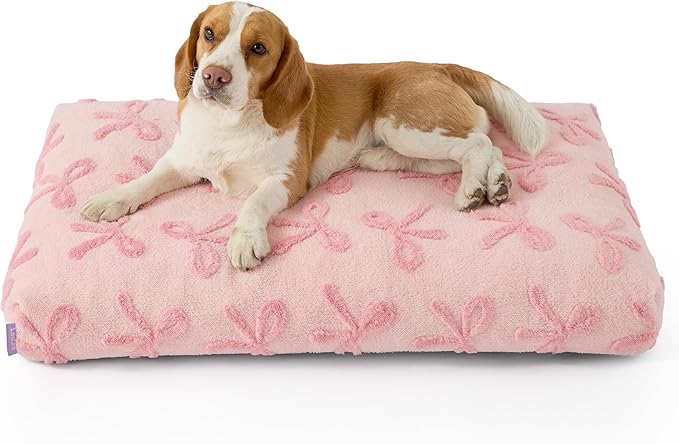 LE SURE Dog Beds Large Sized-Thick Shredded Chopped Foam Pet Bed as Gift for Indoor with Removable Cover, Cute Modern Fuzzy Plush & Anti Slip Bottom,Bow Pink