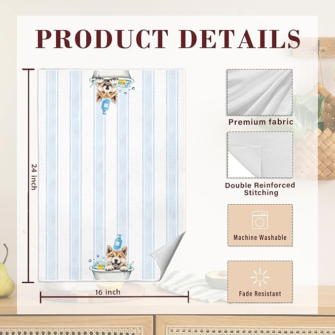 Cute Shiba Inu Bathroom Hand Towels, Kids Bathroom Decor, Shiba Inu Gifts, Dog Lover Mom Dad Gifts, Blue Striped Dog Decorative Hand Towels for Bath Room Washroom Restroom, 16x24 Inch