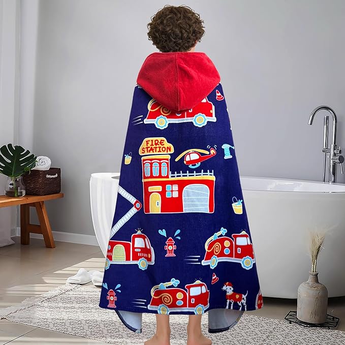 VOOVA & MOVAS Hooded Beach Towels for Teens & Big Kids (8Years Up) | 100% Cotton Thick Soft Absorbent Towel Wrap for Beach, Pool, Swim & Bath | Fire Truck Design