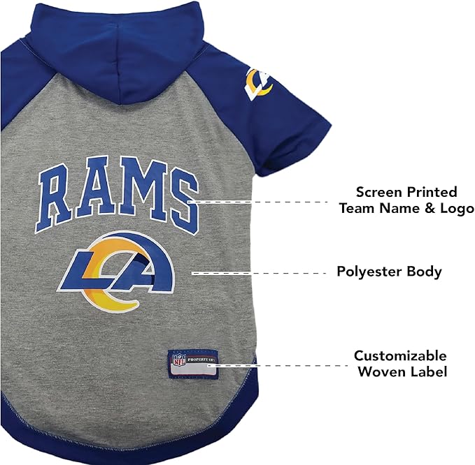 NFL Los Angeles RAMS Hoodie for Dogs & Cats. | NFL Football Licensed Dog Hoody Tee Shirt, Large| Sports Hoody T-Shirt for Pets | Licensed Sporty Dog Shirt.