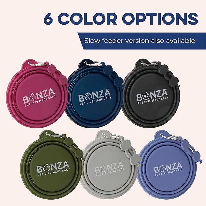 Bonza Collapsible Dog Bowls - Large 33 oz, Dog Travel Accessories, Silicone Portable Dogs Bowl & Water Dish with Reinforced Rim & Carabiner for Hiking, Camping, and Car Trips, Black