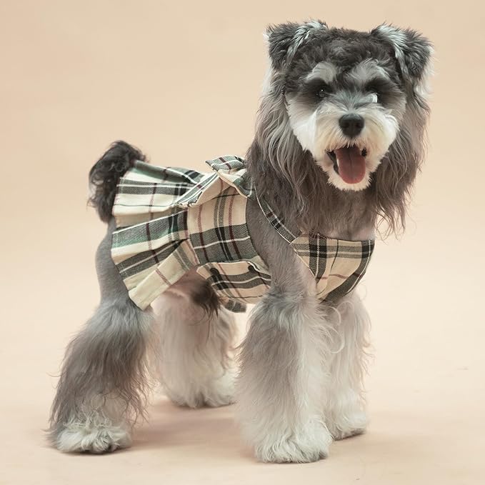 PUPTECK Plaid Dog Dress with Leash - Cute Puppy Harness Clothes for Small Medium Sized Dogs, Outfits for Girl Puppy Wedding Birthday Costume
