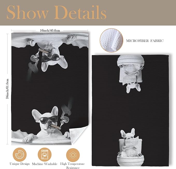 Funny French Bulldog Bathroom Hand Towels, Frenchie Gifts for Women Men, Dog Mom Dad Gifts Hand Towels for Bath Room Washroom, Dog Bathroom Decor, 16x24 Inch Set of 2