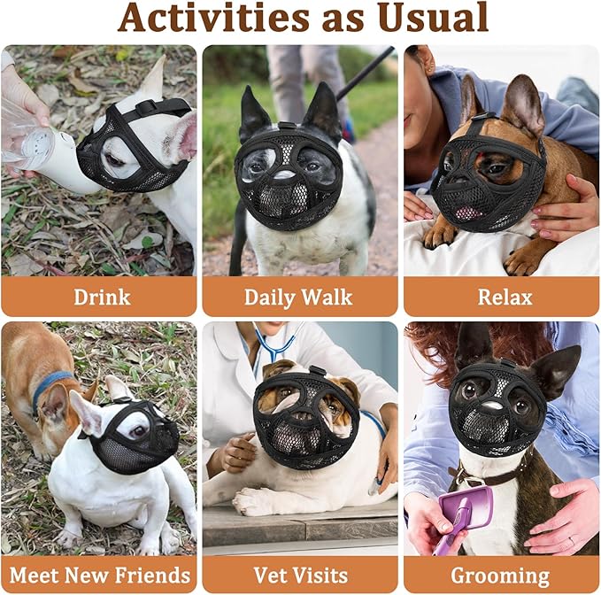 Mayerzon French Bulldog Muzzle, Mesh Short Snout Dog Muzzle for Flat-Faced Dogs Pug English Bulldog, Allows Full Panting & Drinking, Prevents Chewing Eating, Ideal for Grooming Vet Visits Walking