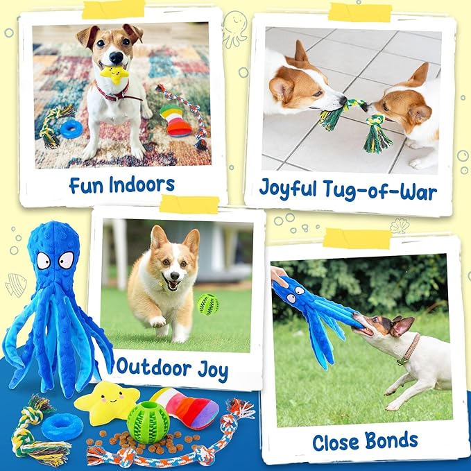 KIPRITII 9-Pack Interactive Puppy Dog Toys for Small Dogs No-Stuffing Squeaky Octopus-Shaped Toy, Cute Plush & Engaging Chew Toys for Puppy Teething to Keep Them Busy