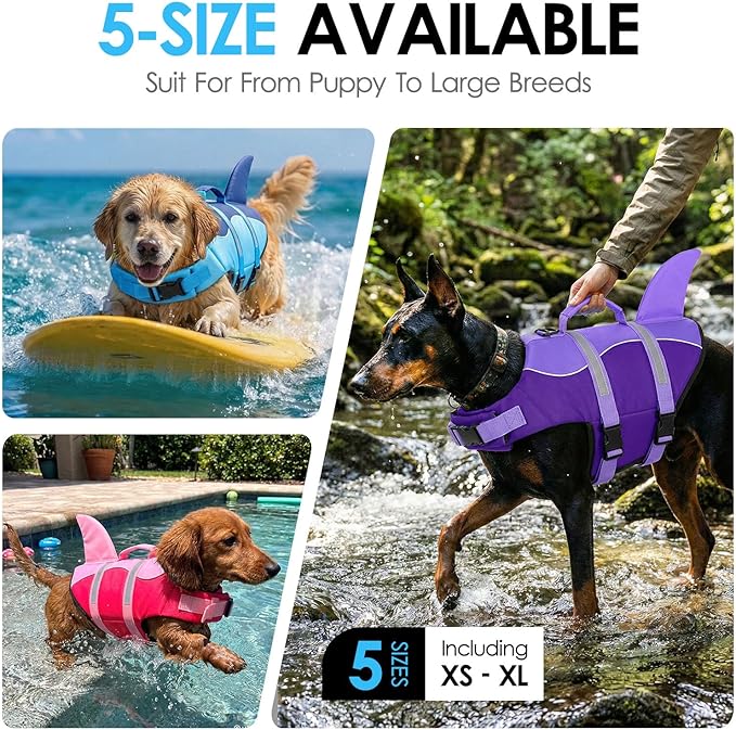AOFITEE Dog Life Jacket, Shark Dog Life Vest for Swimming Boating, Reflective High Flotation Small Dogs Lifesaver, Ripstop Pet Swim Vest Swimsuit with Rescue Handle for Small Medium Large Dogs, S