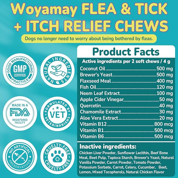 Flea & Tick + Itch Relief for Dogs Chewables, Flea and Tick Prevention for Dogs, Dog Allergy Chews, Dog Itching Skin Relief & Skin Repair, Flea Treatment Dogs, 200 Soft Chews, Chicken Flavor