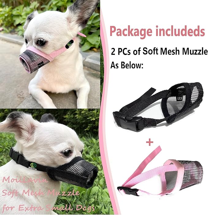 Dog Muzzle 2PCs,Soft Air Mesh Muzzle Breathable for Barking Grooming Biting Chewing for Small Medium Breeds, Barkless Mesh Muzzle Stop Puppy Eating Poop&Rocks XXS XS S (Pink, Black)