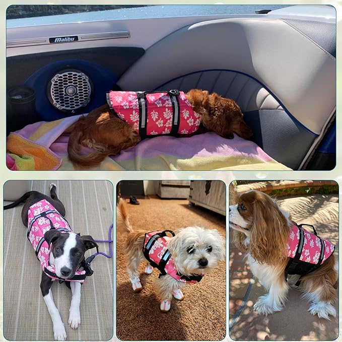 ChezAbbey Dog Life Jacket Adjustable Dog Lifevest Swimsuit Safety Vest Apparel Lifesaver Coat for Small Large Cats Puppy Kitty with Handle Reflective for Swimming and Boating Pink Flower XL