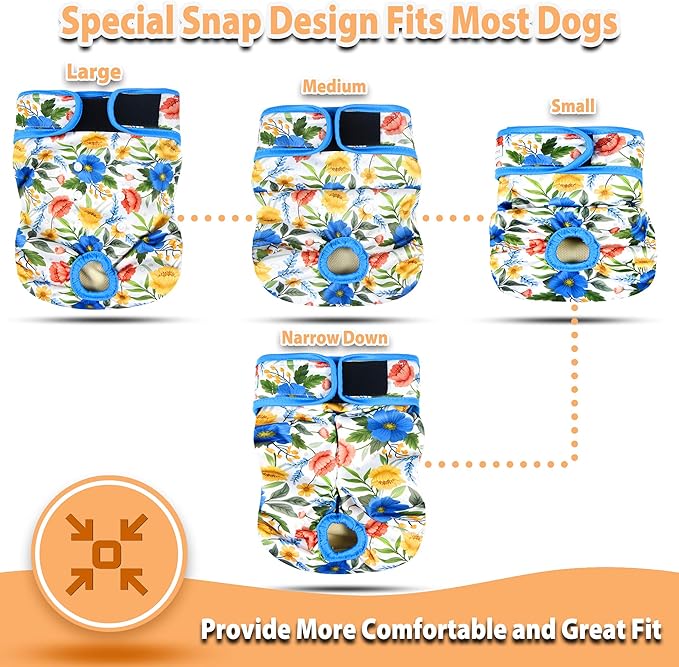 Langsprit Washable Female Dog Diapers (3 Pack) - No Leak Reusable Diapers for Doggy Female in Period - Highly Absorbent Dog Heat Panties with Adjustable Snaps (Floral, X-Large)