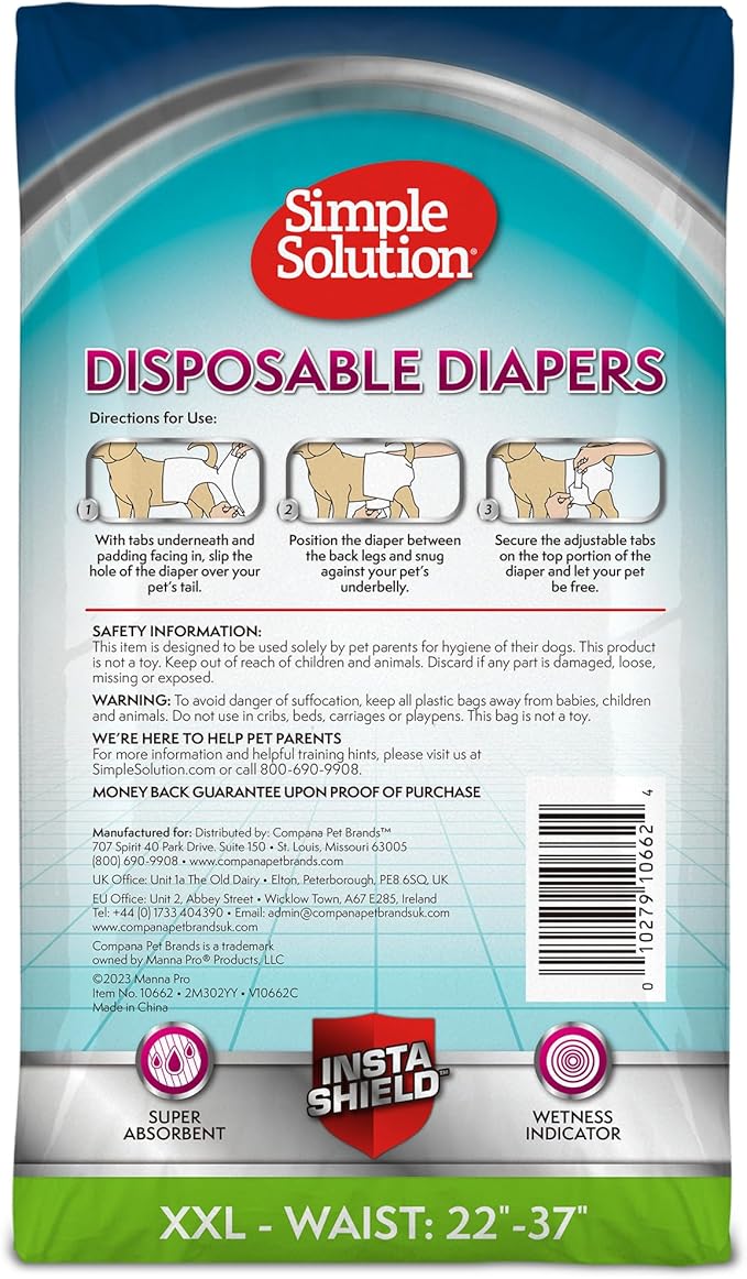 Simple Solution Dog Diapers Female, Dog Diapers, Potty Training, Super Absorbent, Breathable, Wetness Indicator for Urination, 22-37 Inch Waist, (XXL, 30ct)