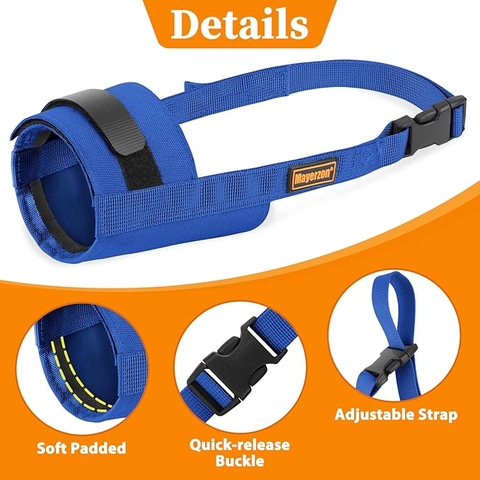 Mayerzon Dog Muzzle for Large Medium Small Dogs, Adjustable Fit, Soft & Sturdy Fabric, Prevents Fierce Barking Biting Chewing, Ideal for Grooming Walking Vet Visits, Allows to Pant Drink (Blue, L)