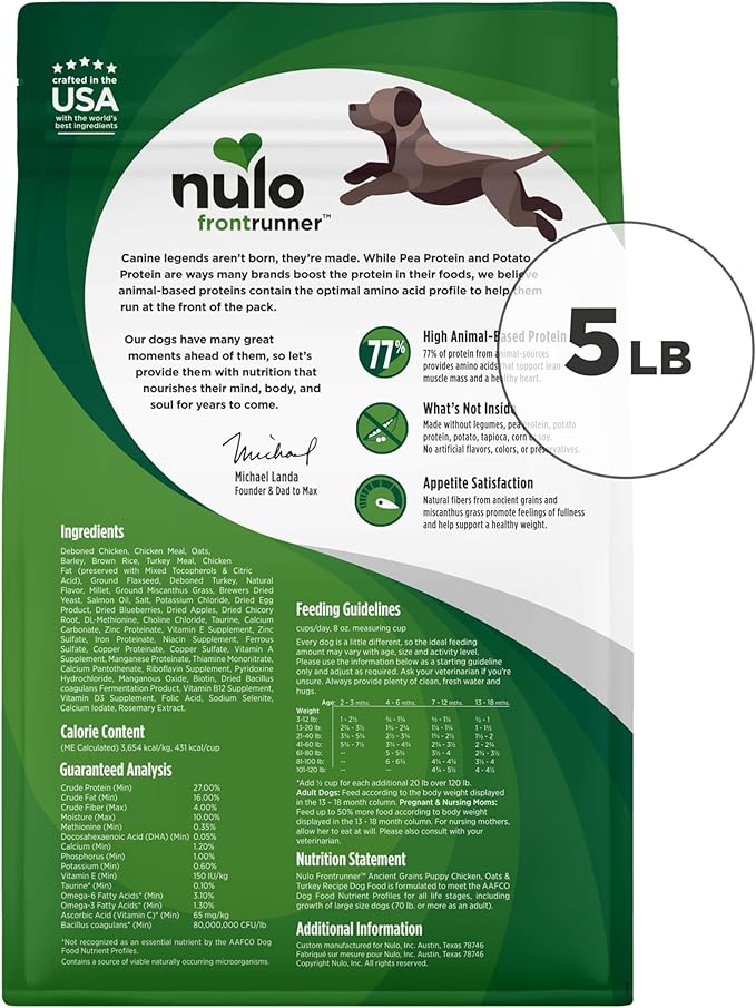 Nulo Frontrunner Puppy Food - High-Protein Chicken, Oats & Turkey Recipe Kibble, Natural Dry Dog Food with DHA, Ancient Grains, Probiotics, Taurine, Omega 3 for Small, Medium & Large Breeds, 5lb Bag