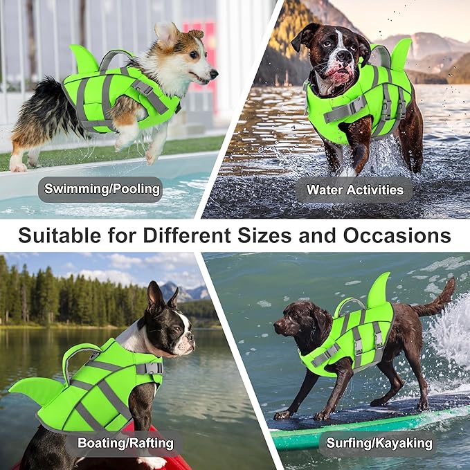 Dogcheer Shark Fin Dog Life Jacket, Adjustable Dog Harness Life Vest for Swimming Boating, Reflective Puppy Swim Vest Pet Flotation Device for Small Medium Large Dogs - Green,M