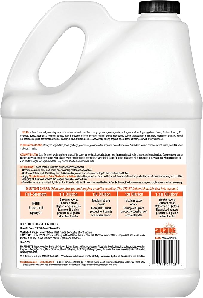 Simple Green Pro Outdoor Odor Eliminator 1 Gal Refill- Professional & Commercial Grade Enzyme Cleaner - Ideal for Farms, Athletic Facilities,