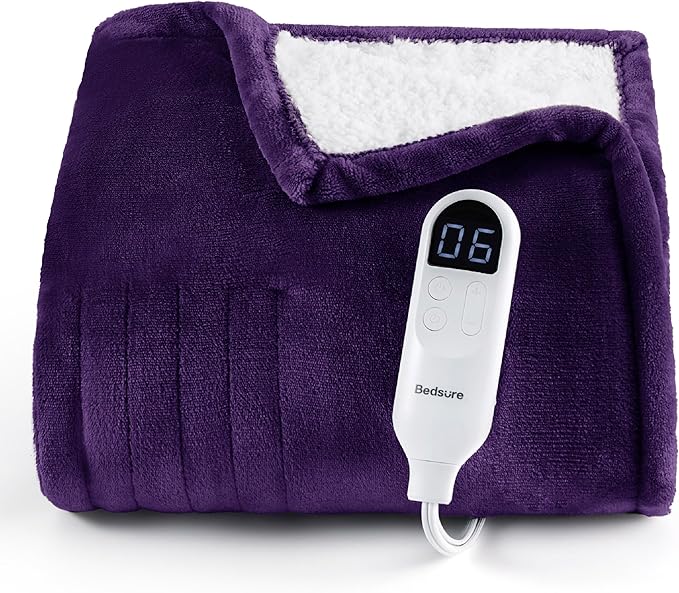 Bedsure Heated Blanket Throw Blanket - Fast Heating Electric Blanket, Soft Flannel Throw with 6 Time Settings(Up to 10H), 6 Heating Settings, Gifts for Grandma & Grandpa & Seniors (50"x60", Purple)