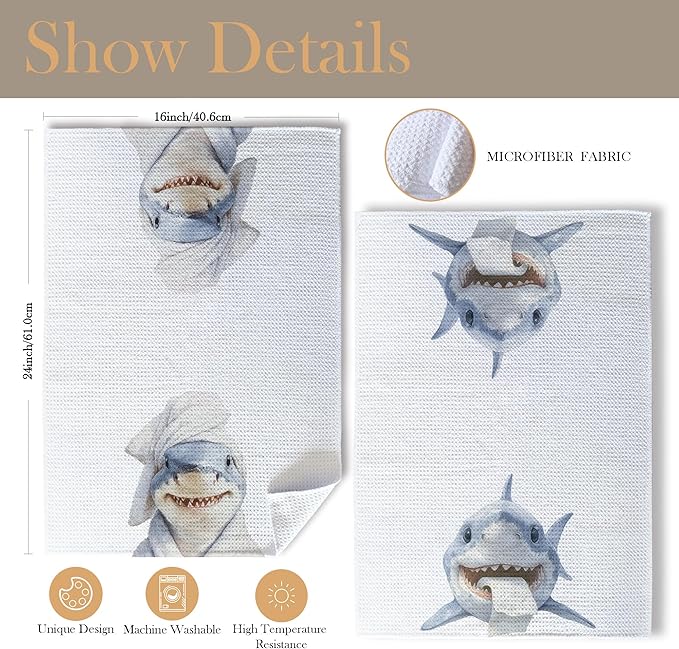 Funny Shark Bathroom Decor Hand Towels, Kids Bathroom Decor, Coastal Ocean Animal Hand Towels for Kids Bath Room Washroom, Gifts for Shark Lovers, 16x24 Inch Set of 2