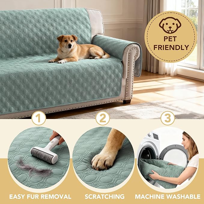 H.VERSAILTEX 100% Waterproof Couch Cover Thick Durable Sofa Slipcover with Storage Pocket Triple Nonslip Furniture Protector for Dogs, Children, Pets, Machine Washable (Sofa, Lily Pad)