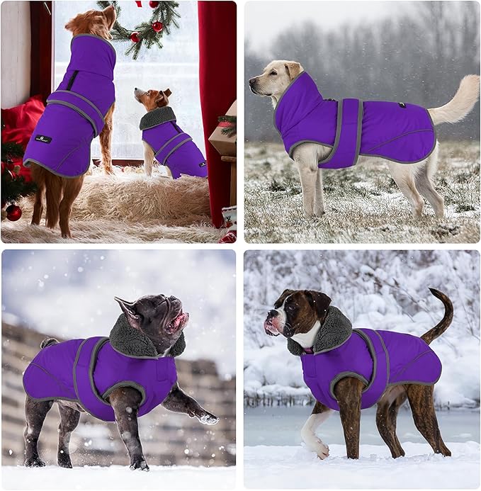 Dogcheer Dog Coat, Waterproof Dog Jacket Reflective Pet Winter Coat with Adjustable Hook & Loop, Christmas Puppy Fleece Jacket Warm Turtleneck Snowsuit for Small Medium Large Dogs - Purple, XL