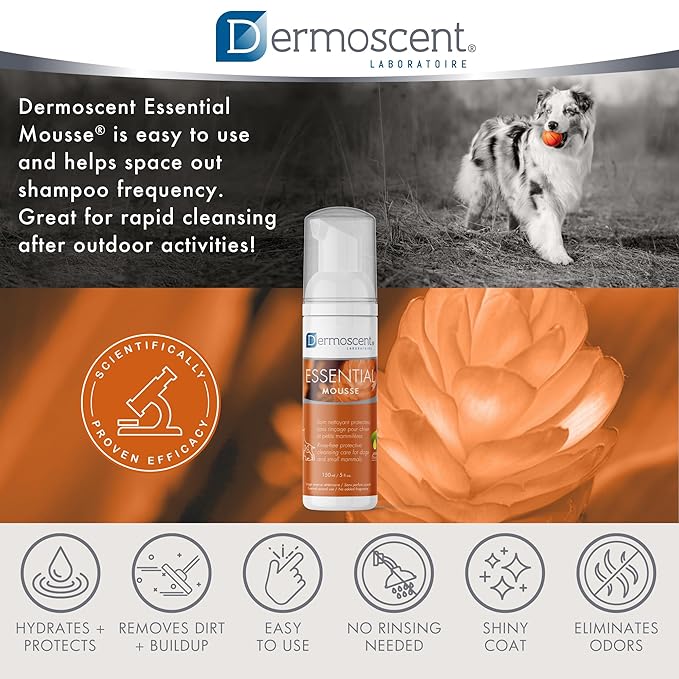 Dermoscent Essential Mousse - Dry Shampoo for Dogs & Small Mammals - Rinse Free Foam to Cleanse Skin & Coat - Odour Control for Smelly Pets - Soap Free - 150ml