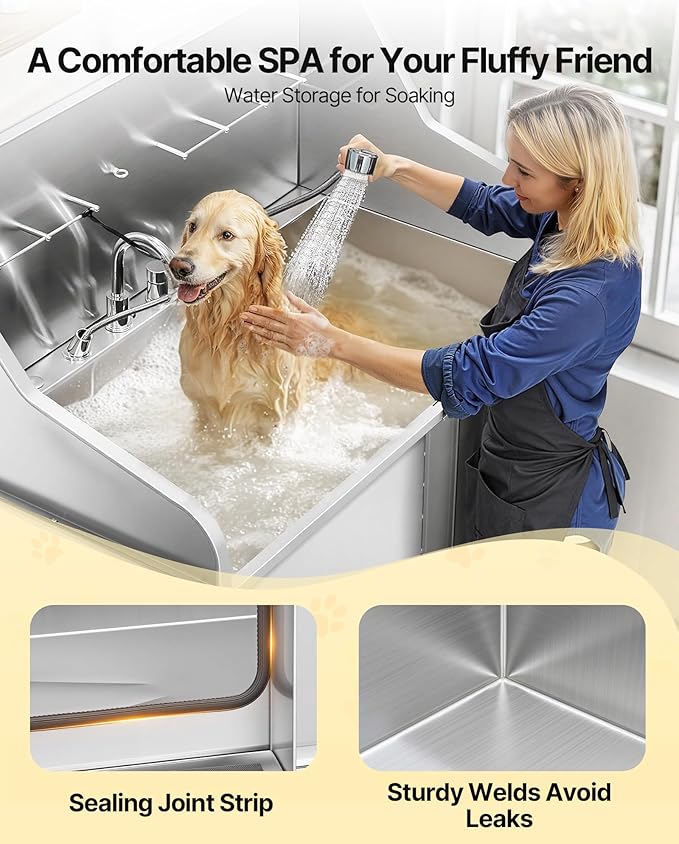 VEVOR Dog Bath Tub, Professional 50 Inch 304 Stainless Steel Dog Washing Station Anti-Slip Ramp & Storage Drawer, Hot Cold Water Faucet and Showerhead for Large Medium Small Dogs (Left Door)