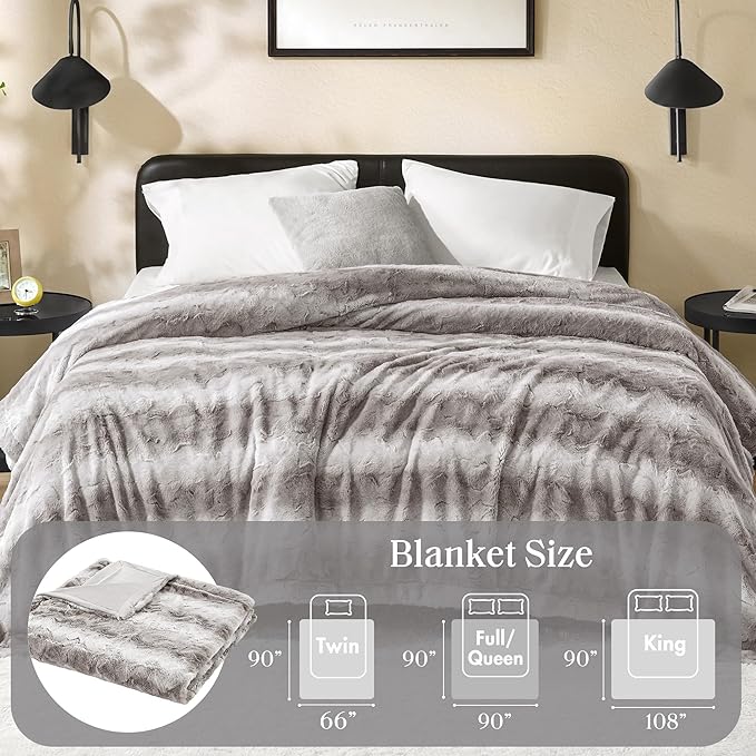 Madison Park Ultra-Soft Poly Fur Blanket Queen Size, Reversible Plush, All Season & Lightweight Queen Fuzzy Blanket for Bed, Couch & Sofa, Zuri, Full/Queen Grey