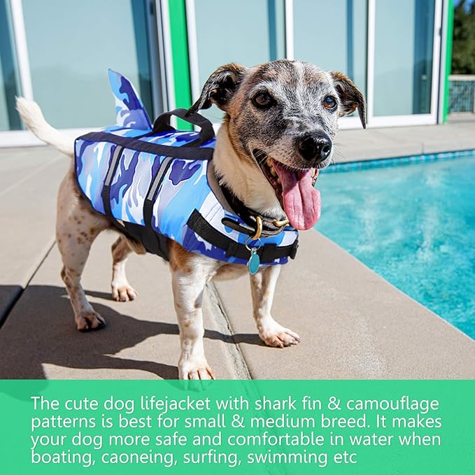Queenmore Dog Life Jacket Pet Safety Vest High Buoyancy Camouflage Color Cute Shark with Strong Rescue Handle and Leash Ring for Boating, Canoeing, Surfing, Hunting, Blue M