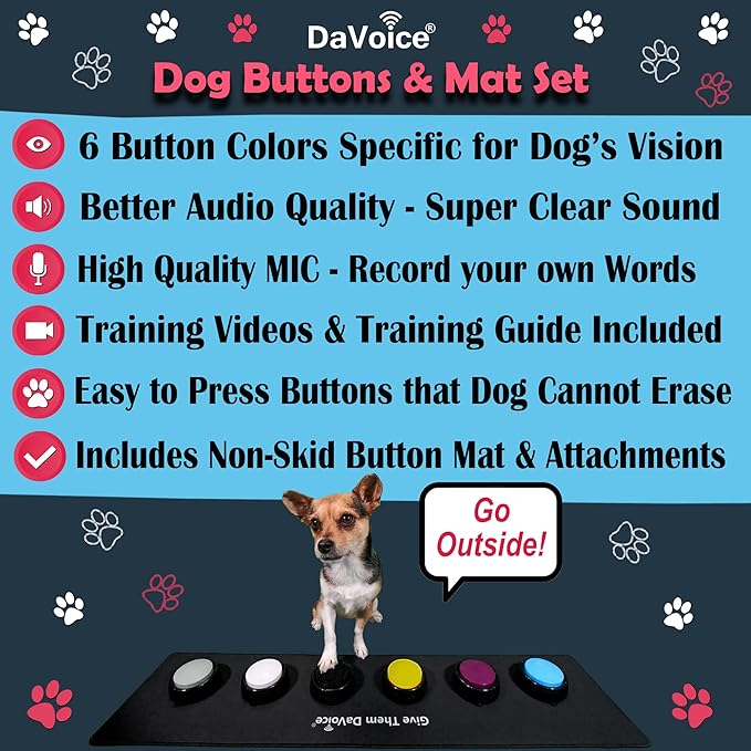 DaVoice Cat & Dog Buttons for Communication, Recordable Buttons for Cats & Dogs Communication, Cat & Dog Talking Pet Button Starter Gift Set, 6 Dog Training Buttons with Mat, Dots & Training Videos